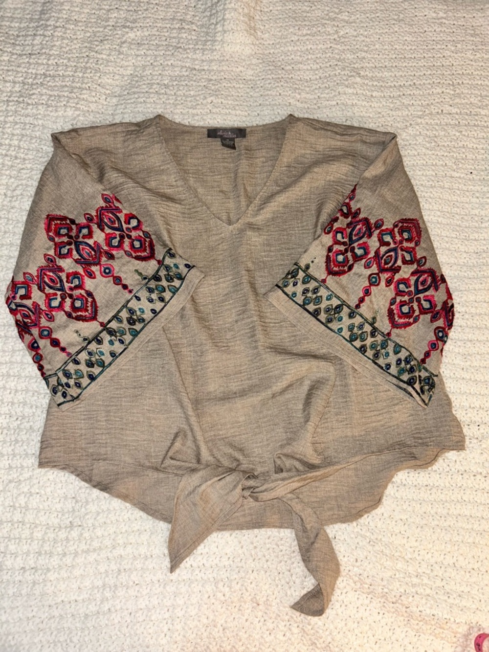 V-Neck Tie-Front Embroidered Sleeve Blouse - Beige with Red & Teal Embroidery